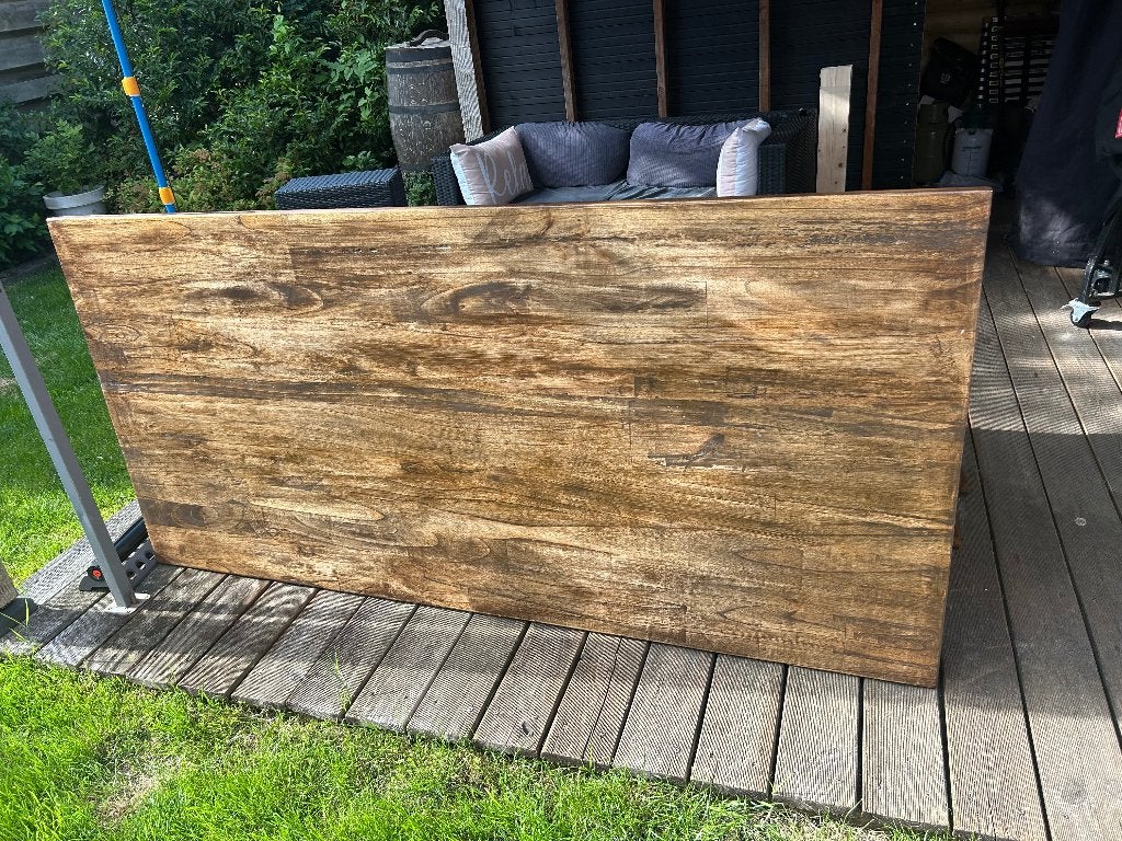 Massief houten eettafel, Ophalen, Gebruikt, Teakhout, 200 cm of meer