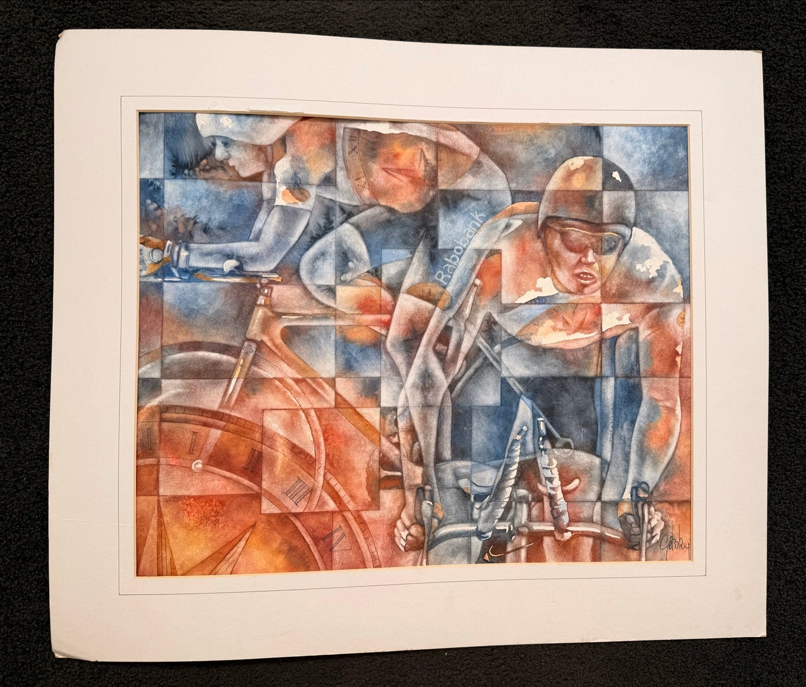 Originele aquarel Gé Brugmans - Rabobank wielrenners, Ophalen of Verzenden, Tekening, Aquarel, Origineel