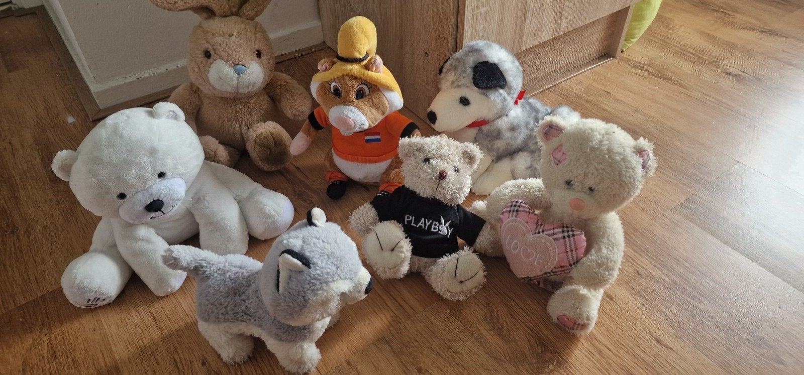 Diverse knuffels: beren, konijn, hamster en honden, Ophalen, Gebruikt, Geel, Beer