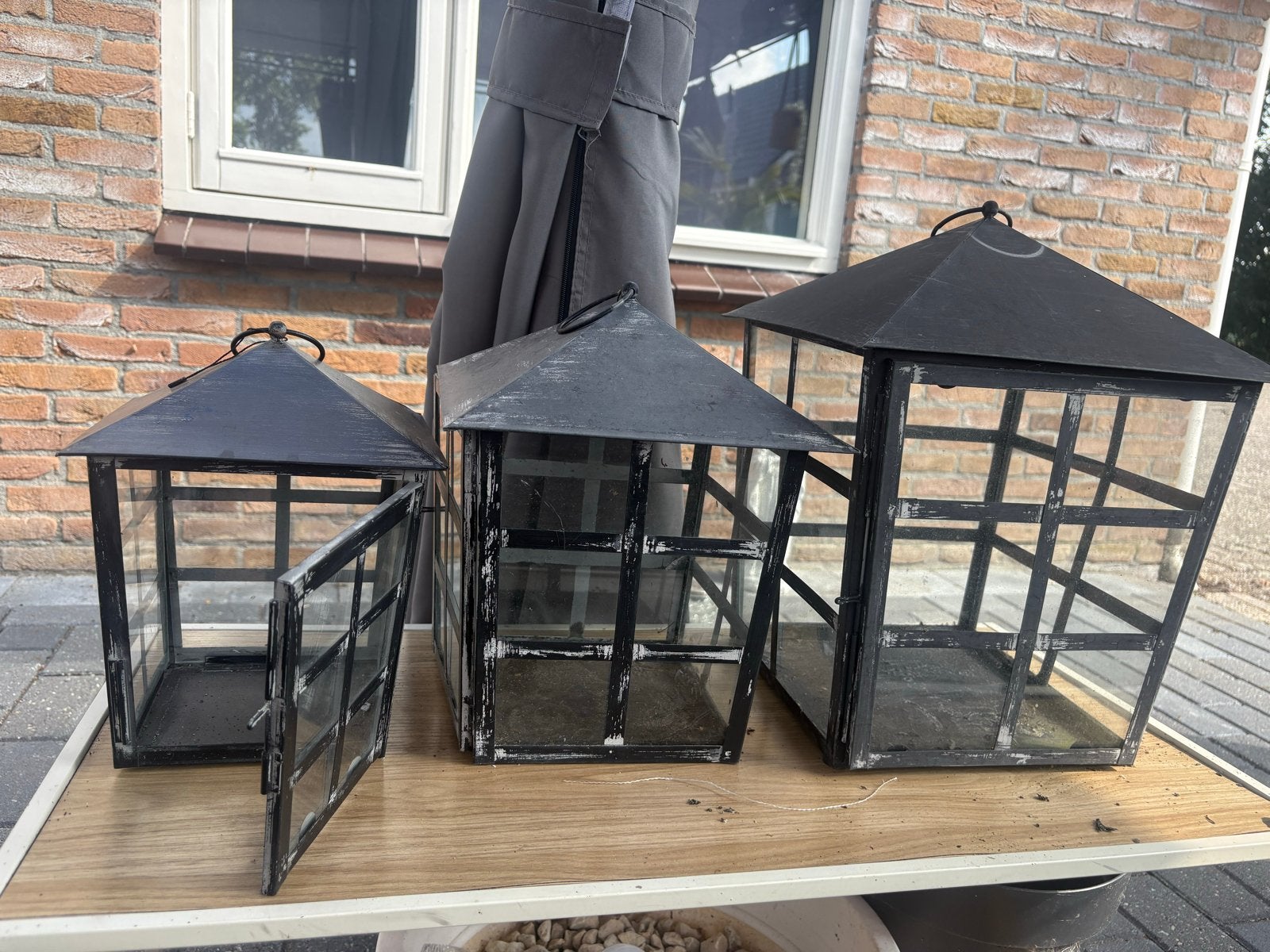 Set van 3 mooie windlichten, Ophalen of Verzenden, Gebruikt, Glas, Windlicht
