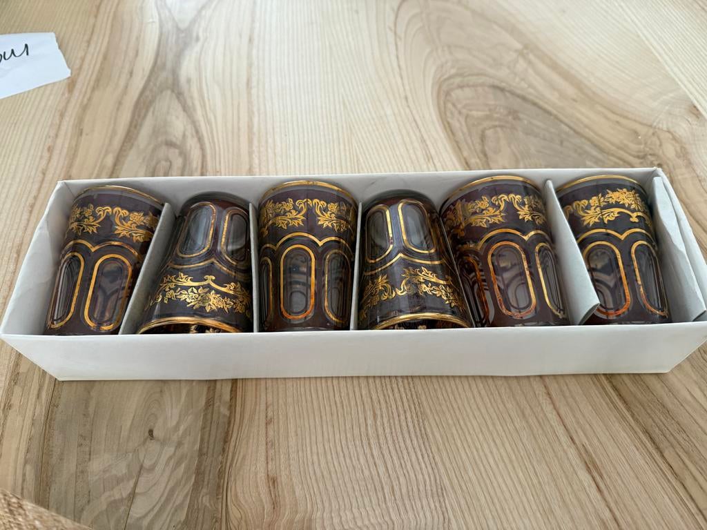 Set van 6  glazen met gouden decoratie, Ophalen of Verzenden