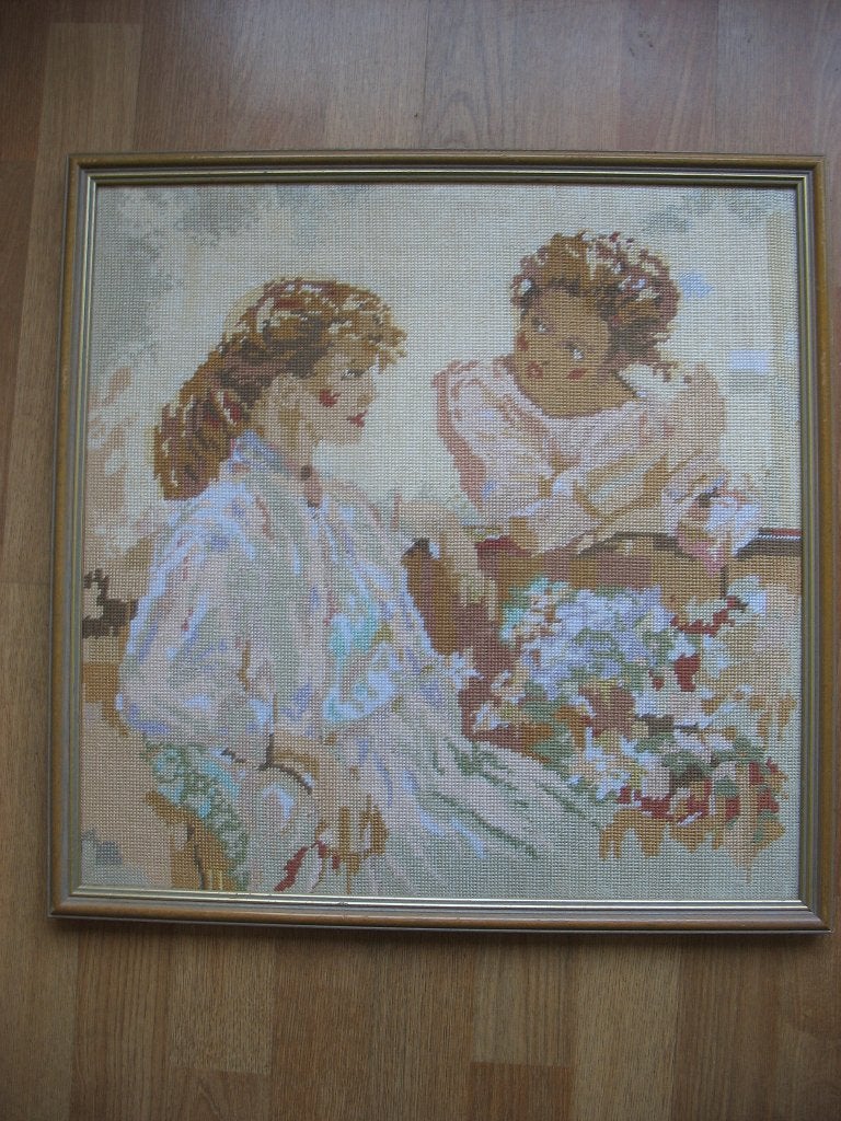 Schilderij Hand Geborduurd Vriendinnen Pastel *Nr1 Vintage, Ophalen, Zo goed als nieuw, Handborduren, Overige typen