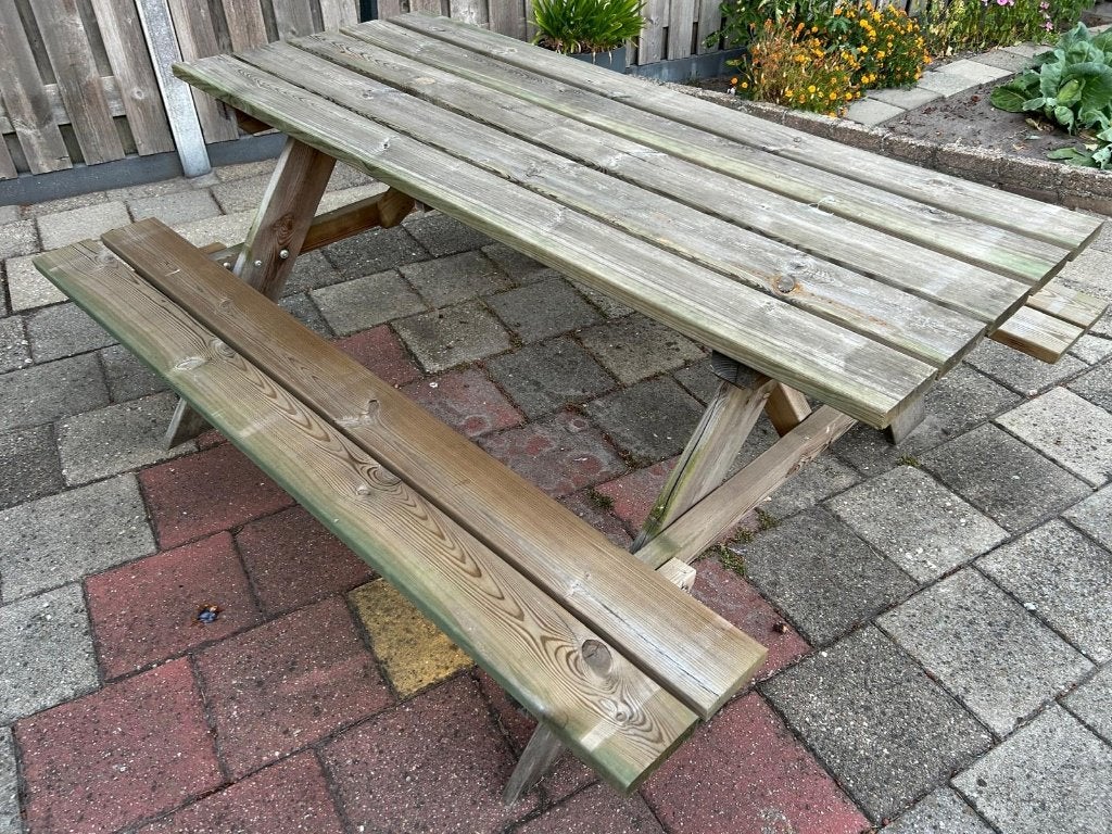 Te koop: robuuste houten picknickbank, Tuin en Terras, Tuinbanken, Ophalen, Gebruikt, Hout
