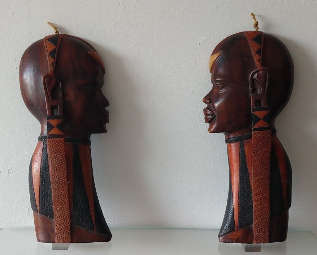 Afrikaans Tribel muurkunst maskers,  set van 2, volgnr 39, Hout, 40 cm, Bruin, Afrika