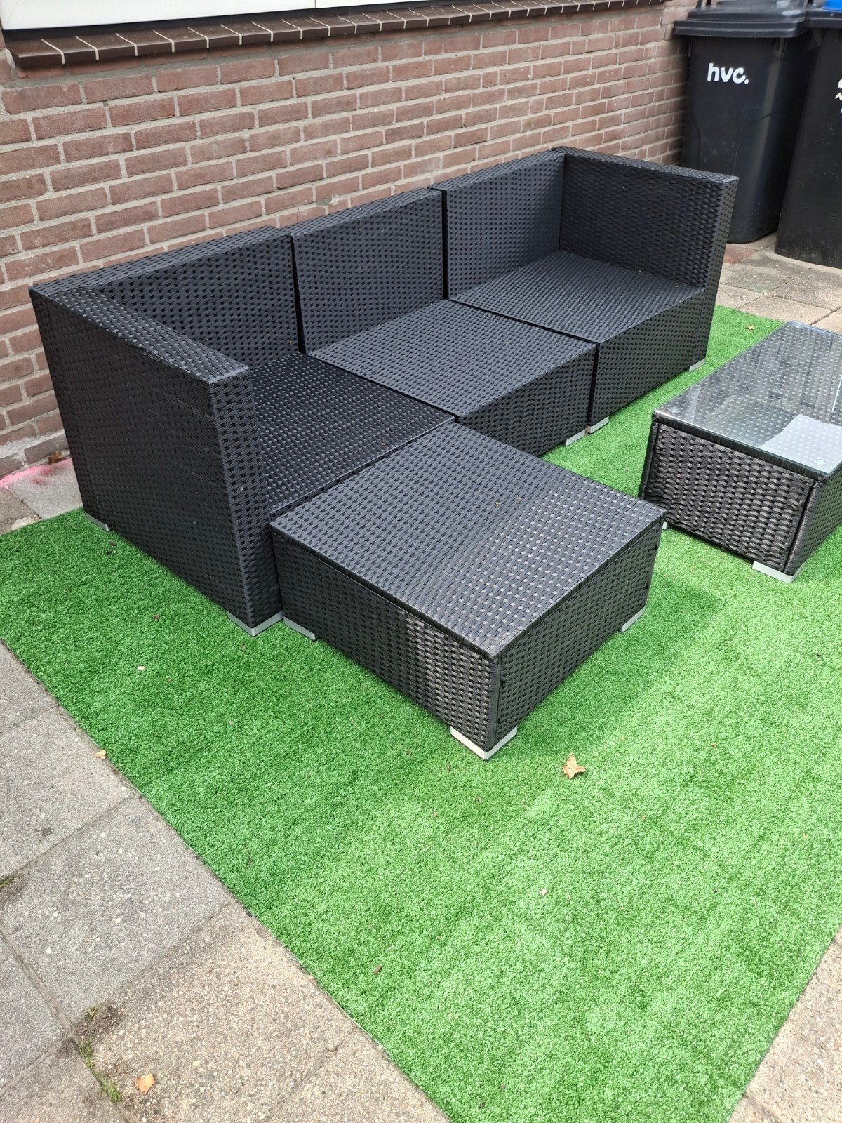 Zwarte Wicker Loungeset met Glazen Tafel, Ophalen, 4 zitplaatsen, Bank, Zo goed als nieuw