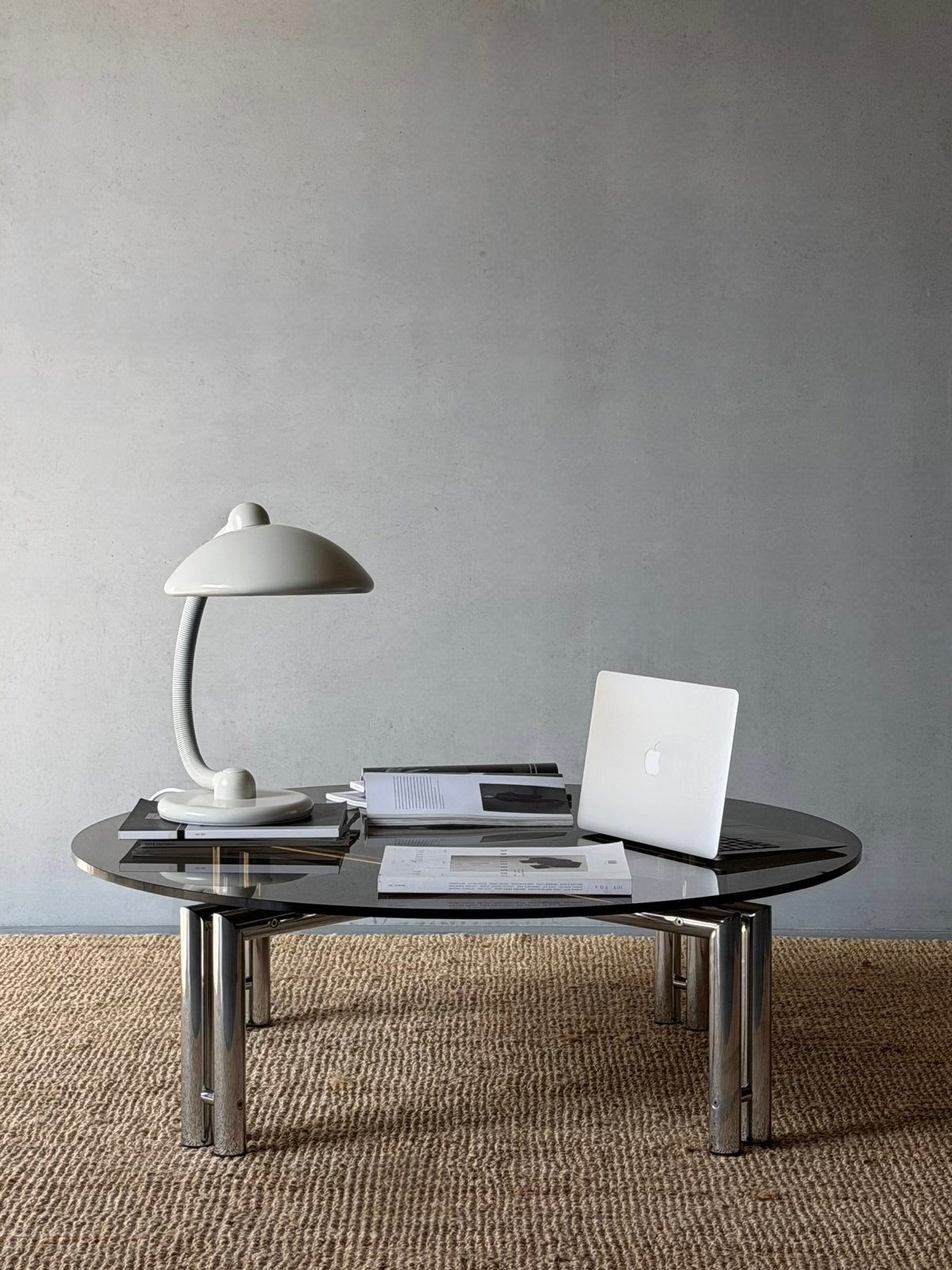 Vintage design chroom ronde salontafel, Ophalen, 100 tot 150 cm, Rond, 50 tot 100 cm