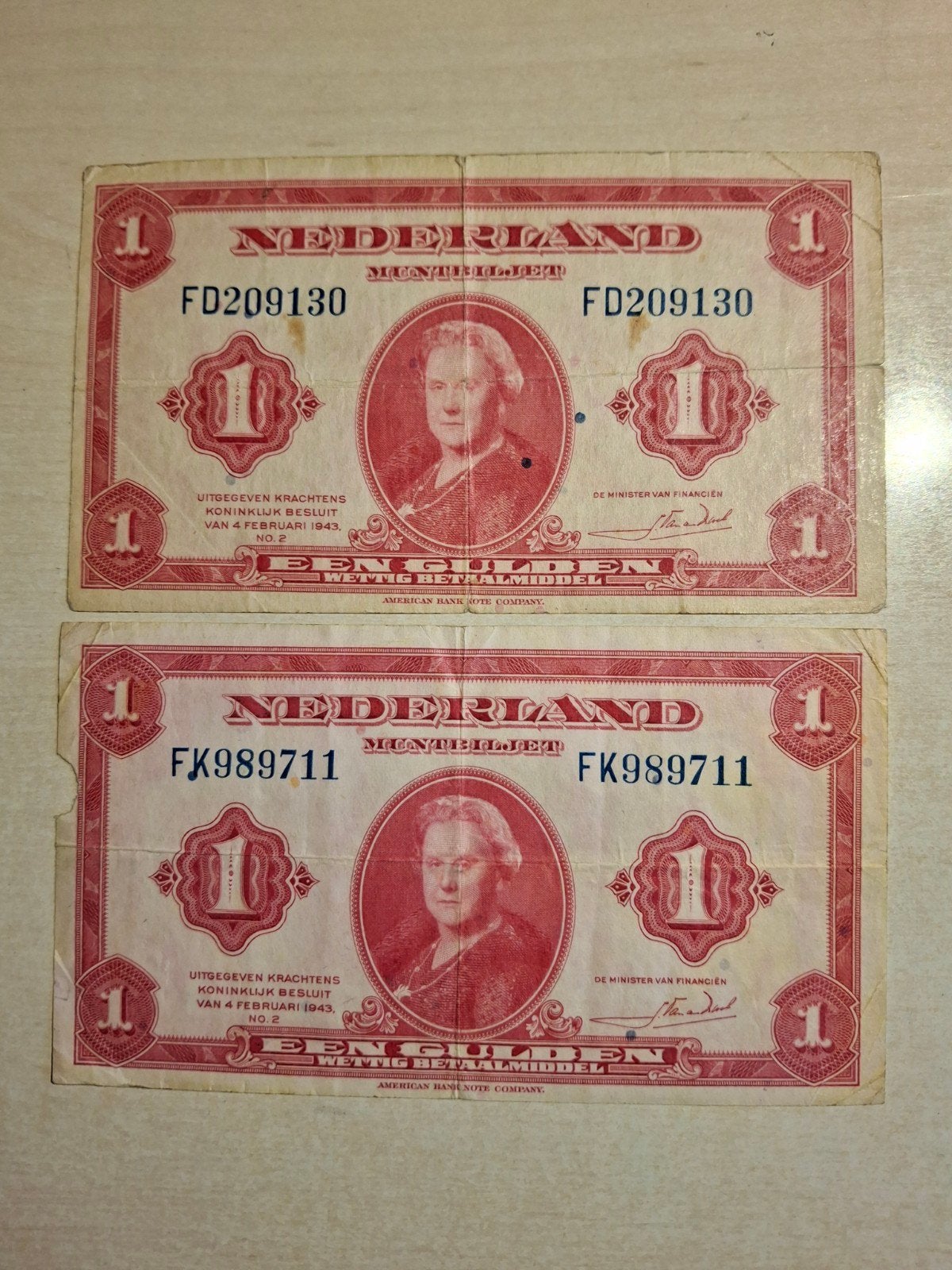 2x 1 Gulden 1943 Nederlands bankbiljetten, Ophalen of Verzenden, 1 gulden, Setje