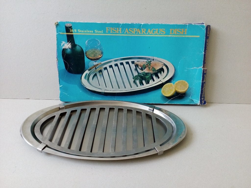 Asperge/visschaal. Stainless steel 18/8.Vintaghe., Overige merken, Vintage, Ophalen of Verzenden, Metaal