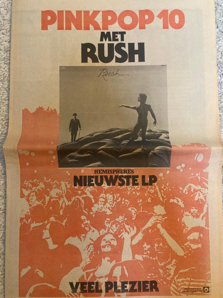 RUSH A3 advertentie Hemisheres release PINKPOP 1979, Ophalen of Verzenden, Zo goed als nieuw