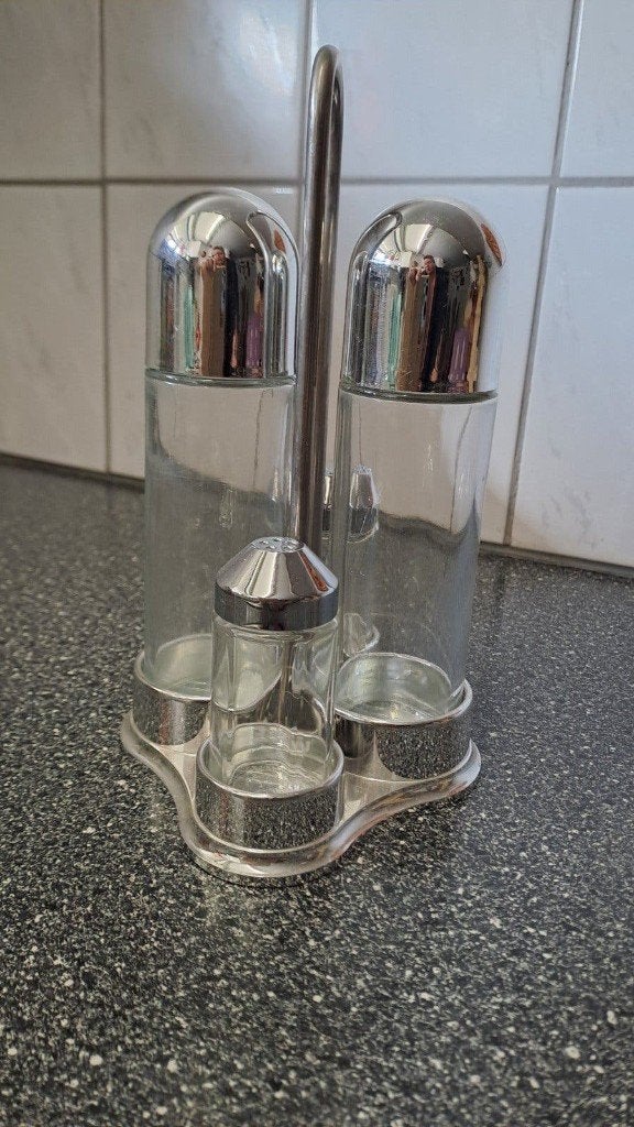 Stoha Design Olie en Azijnstel met Zout- en Pepervaatjes, Gebruikt, Onbekend, Zilver, Ophalen of Verzenden