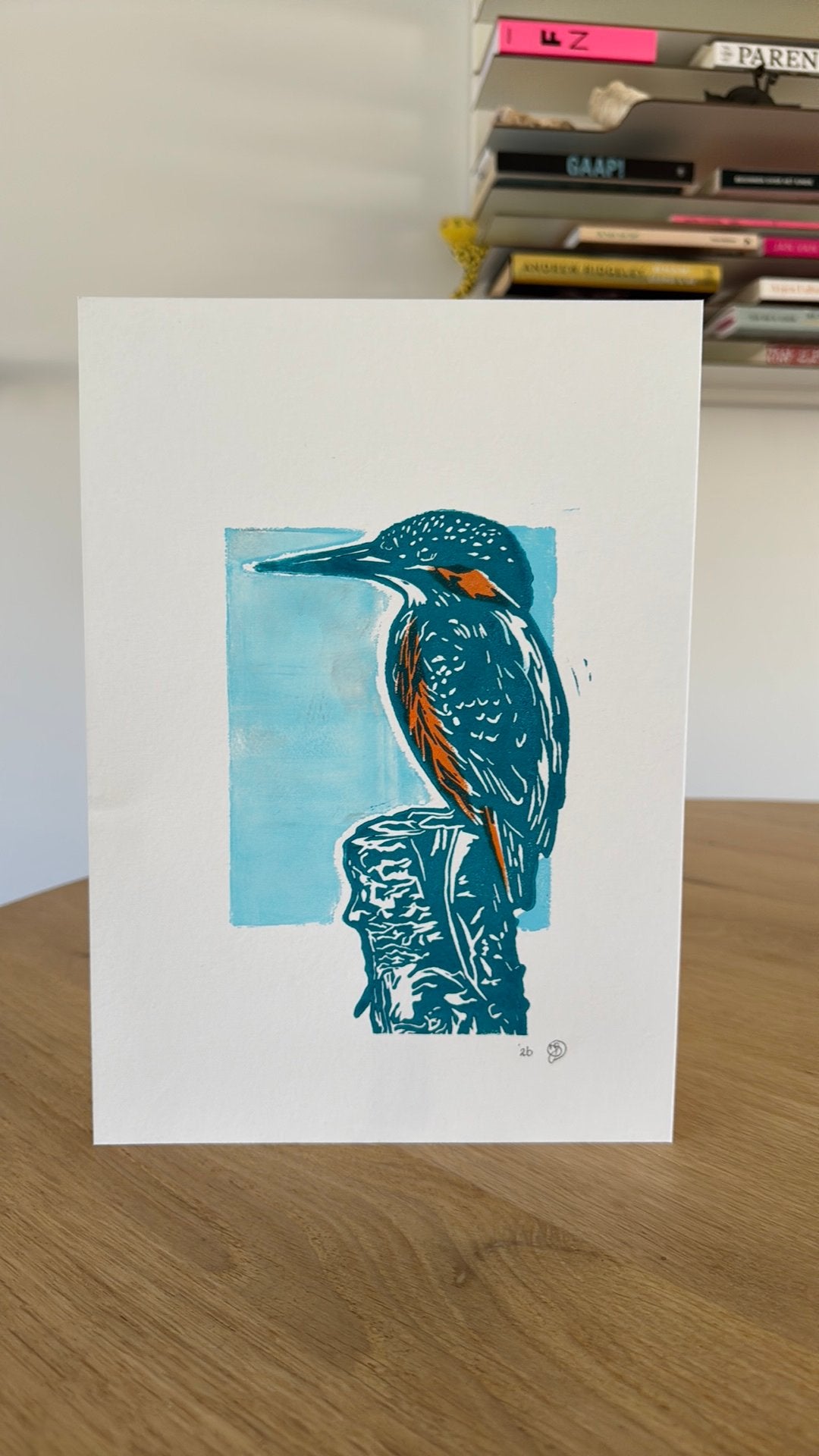 Lino afdruk op A4 formaat van een ijsvogel., Antiek en Kunst, Ophalen of Verzenden