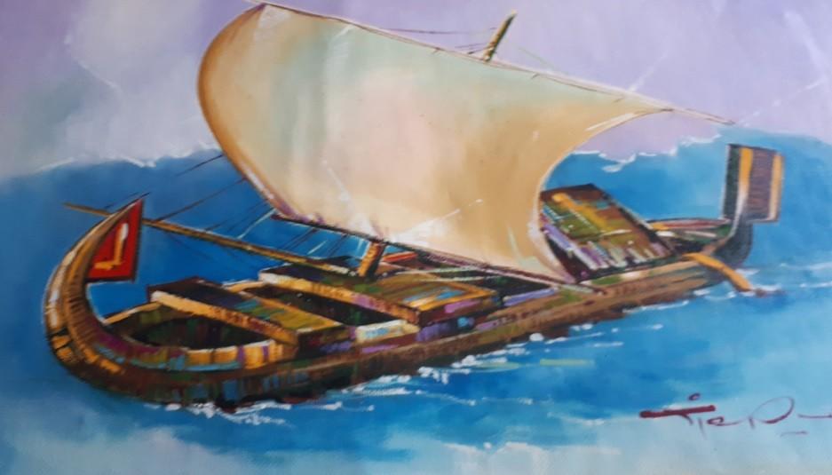 2 schilderdoeken : Schip op zee, Antiek en Kunst, Ophalen of Verzenden
