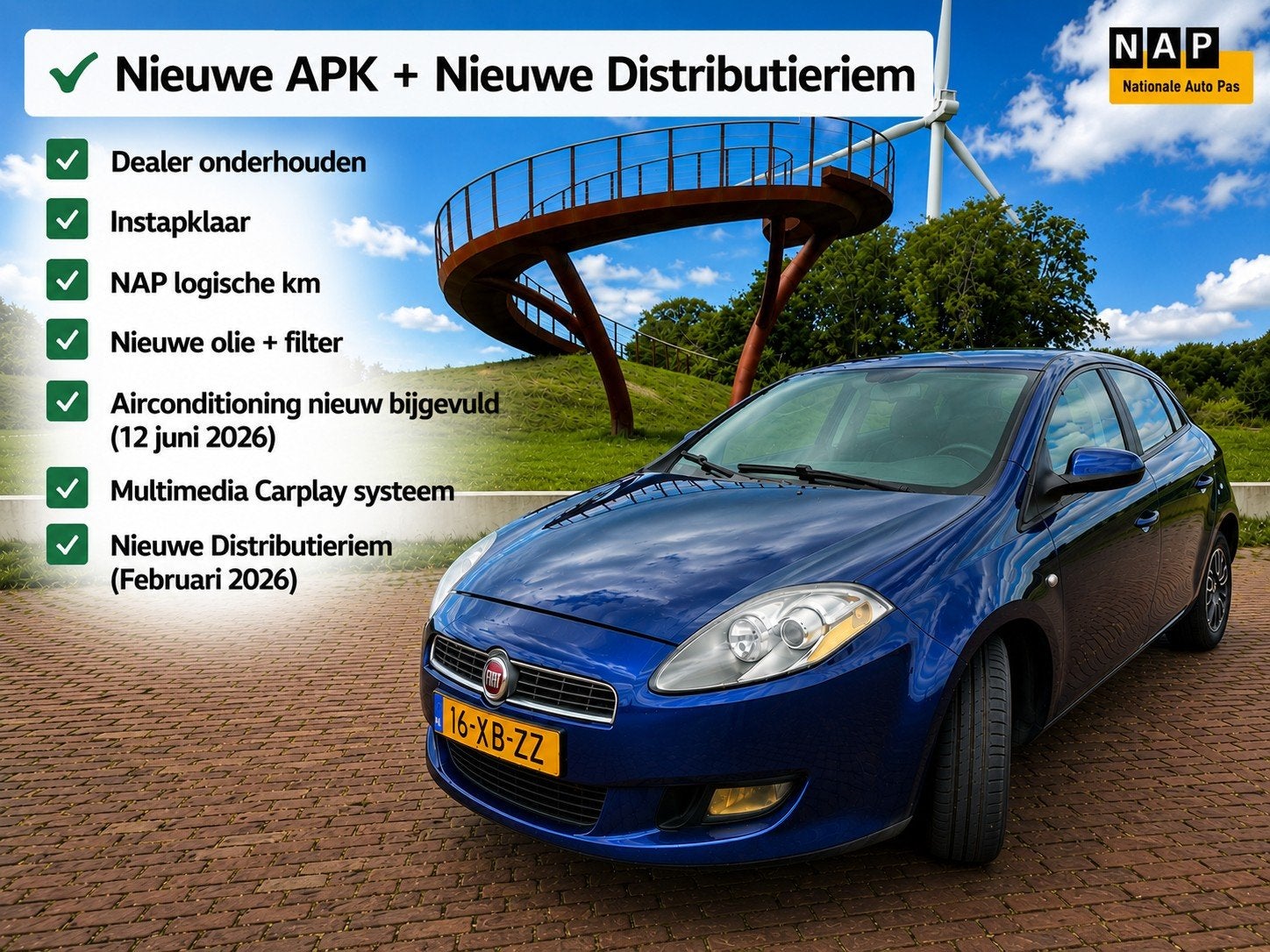 Fiat Bravo 1.4 Dynamic– NIEUWE APK + DIST.RIEM  + AIRCO, Auto's, Fiat, Zwart, 4 cilinders, Blauw, Origineel Nederlands