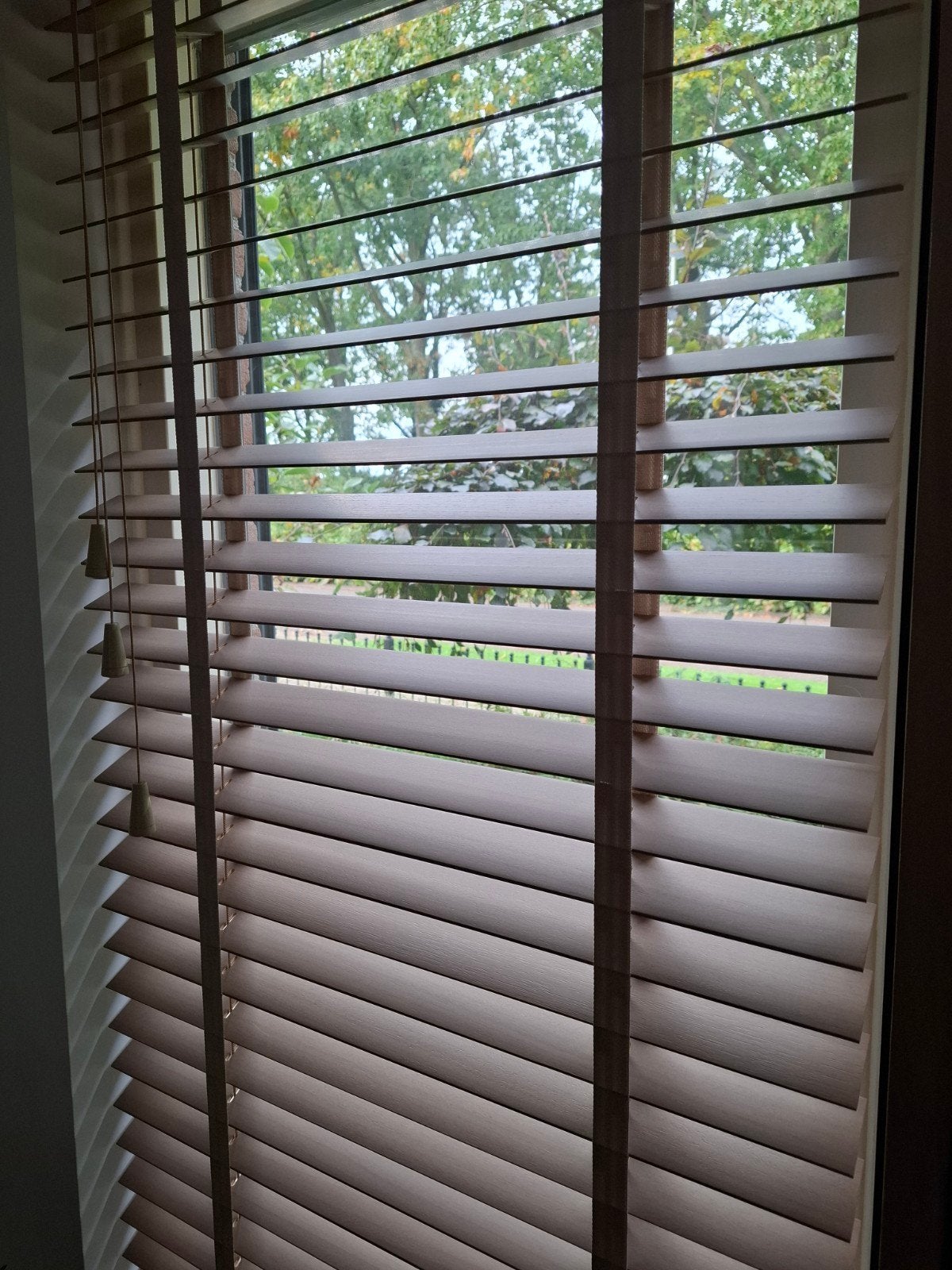 Taupe jaloezieën met ladderband - Timberlux abachi, Overige typen, Nieuw, Ophalen of Verzenden, Minder dan 250 cm
