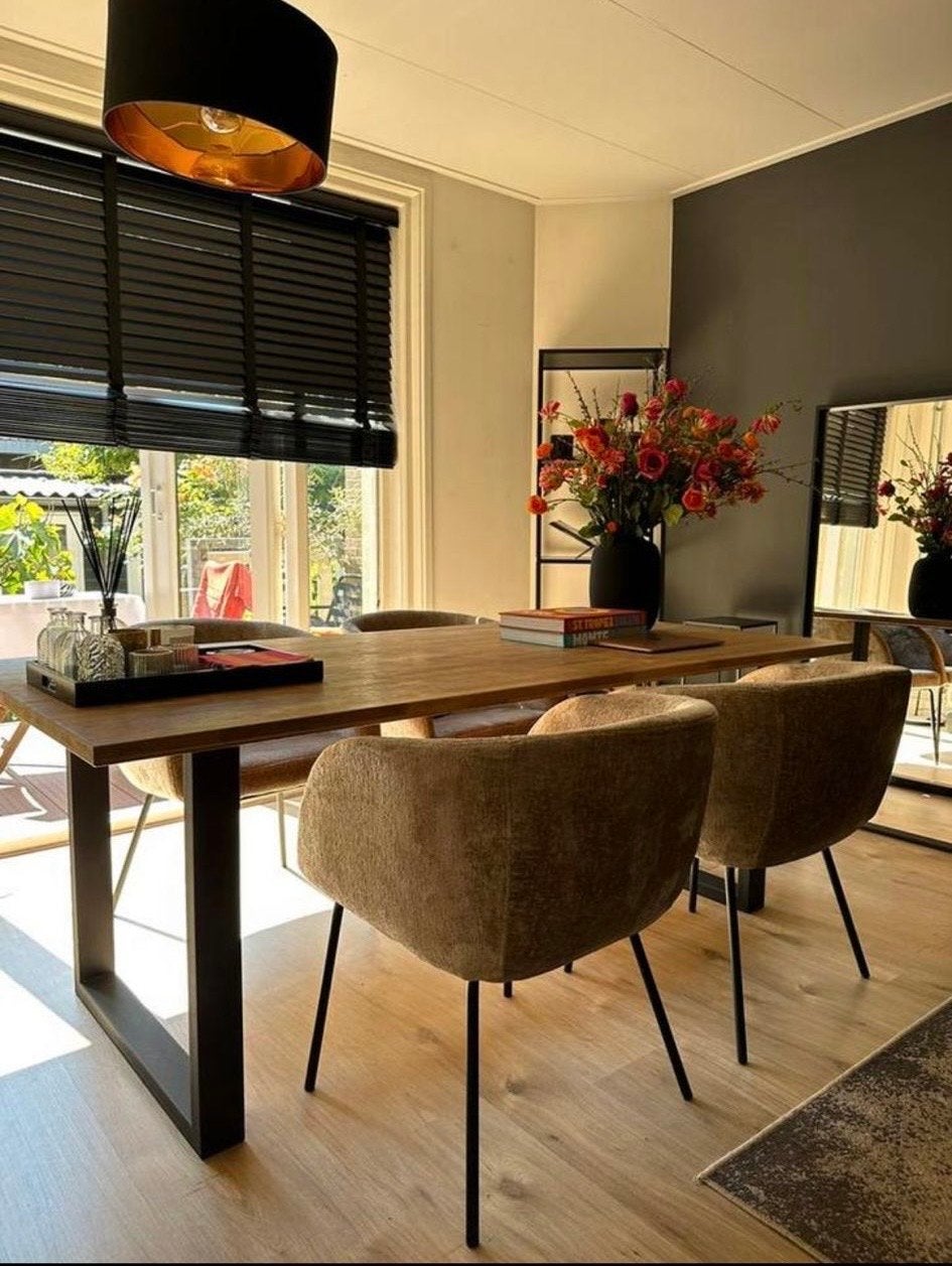 Robuuste eettafel met metalen onderstel, Ophalen, Gebruikt, 50 tot 100 cm, 150 tot 200 cm