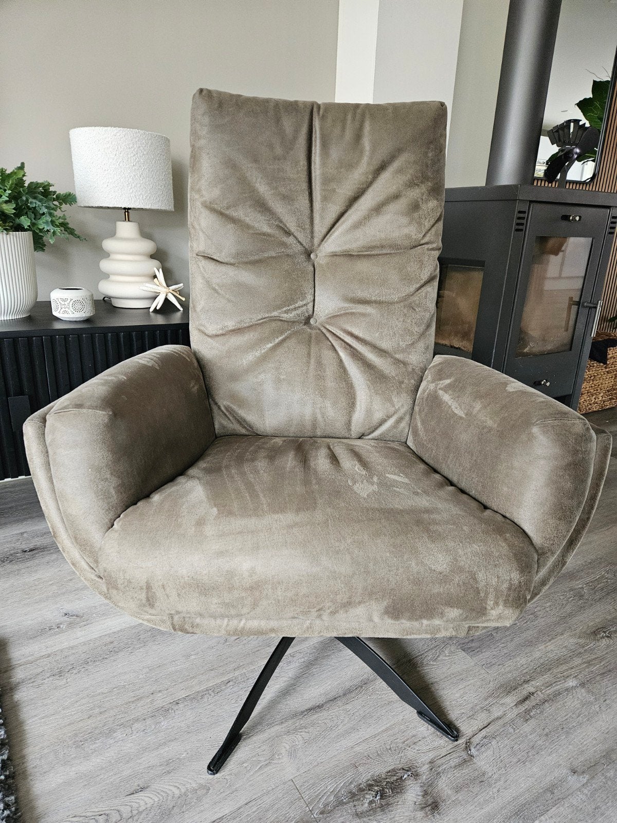 olijf groene leren fauteuil zgan, Ophalen of Verzenden, Zo goed als nieuw, 75 tot 100 cm, 50 tot 75 cm