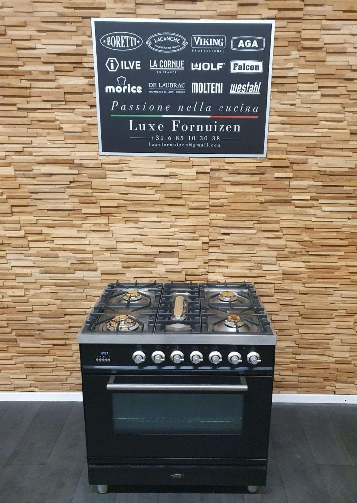 Luxe Boretti Gasfornuis 80cm hoogglans zwart rvs 1 oven, Niet ingevuld, 60 cm of meer, Niet ingevuld, Ophalen of Verzenden