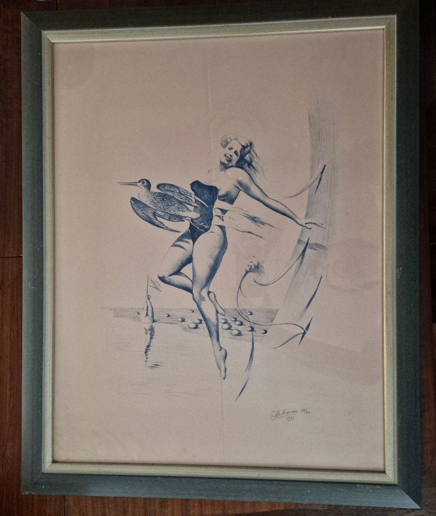 Joop H. Moesman "de Vlucht" 1971 litho in blauw, surrealisme, Gelimiteerde oplage, Lithografie, Ophalen, Personages en Fantasiefiguren