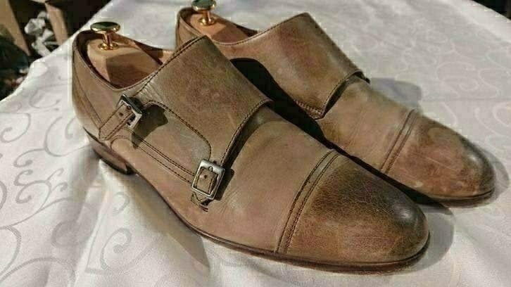 Cuoio ITALY dubbele monniksgesp herenschoenen grijsbeige 42, Ophalen of Verzenden, Bruin, Gespschoenen