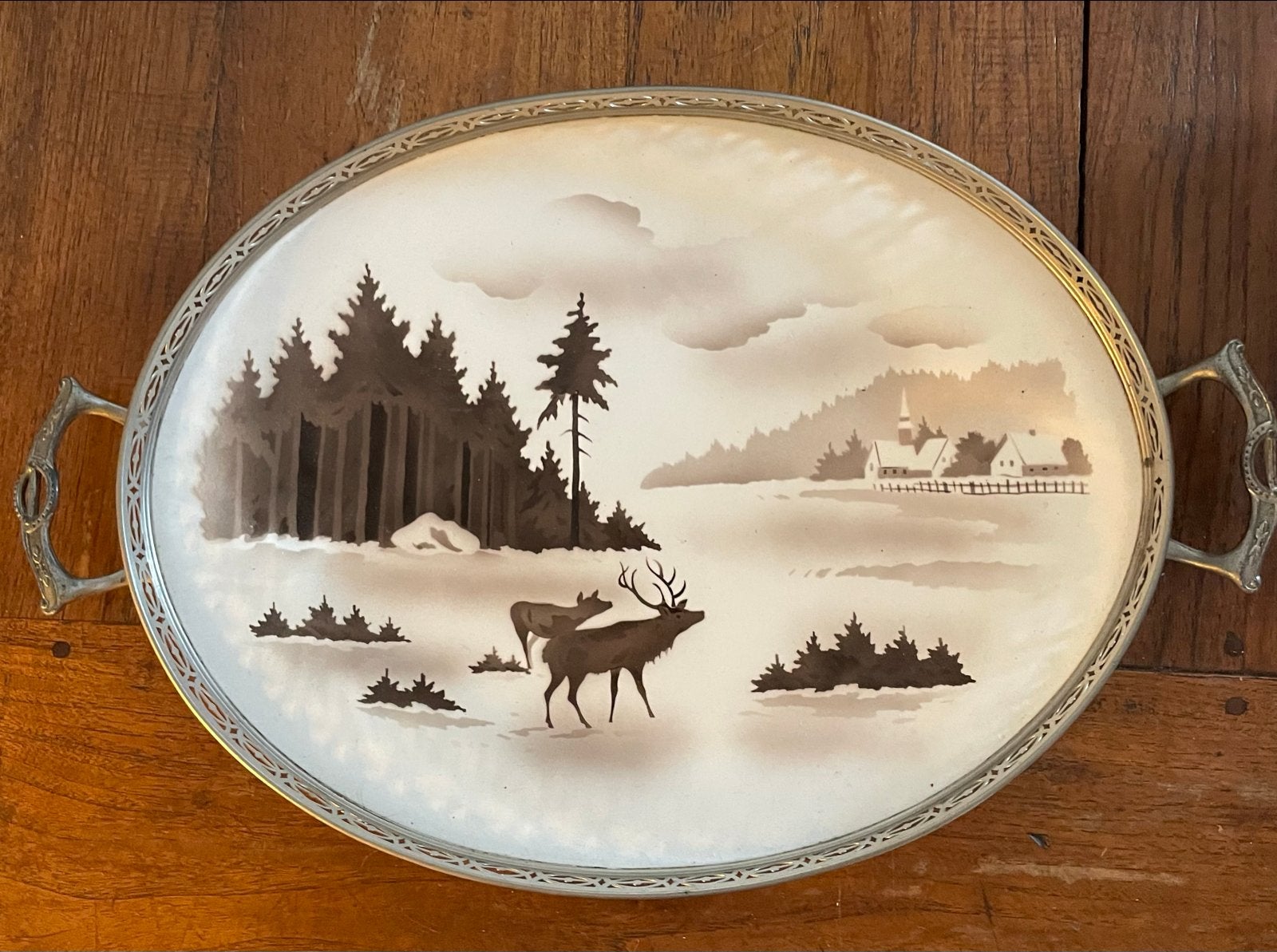 Antiek dienblad met herten en winterlandschap, Ophalen of Verzenden