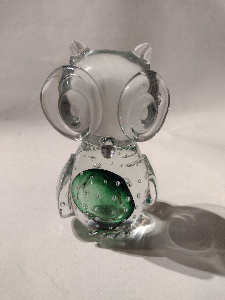 presse papier glazen spijkerbol uil H 12,5 cm blank + groen, Ophalen