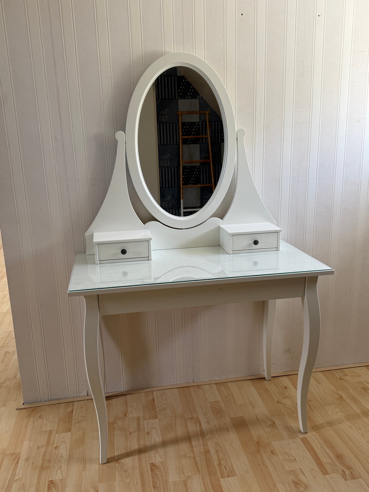Witte kaptafel met spiegel en lades, Ophalen, Zo goed als nieuw, Hout, 100 tot 150 cm