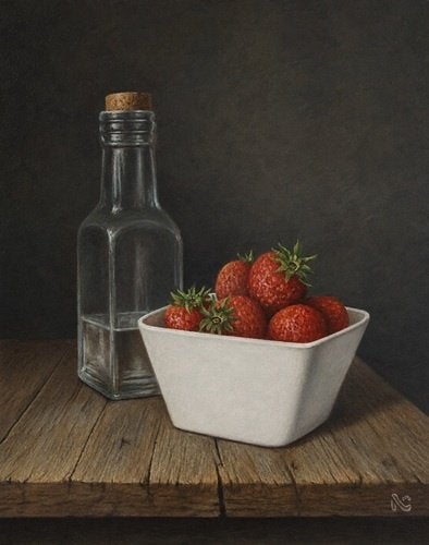 Kunsthandel Gennep - "Aardbeien Met Flesje", Ophalen of Verzenden, Hout, Gesigneerd, Olieverf