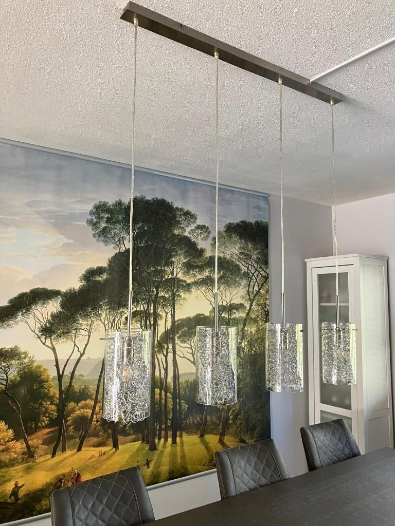 Glazen hanglamp met rvs, breedte 1.00m 4 lampen, Huis en Inrichting, Lampen | Hanglampen, Ophalen, Gebruikt, Glas, 75 cm of meer
