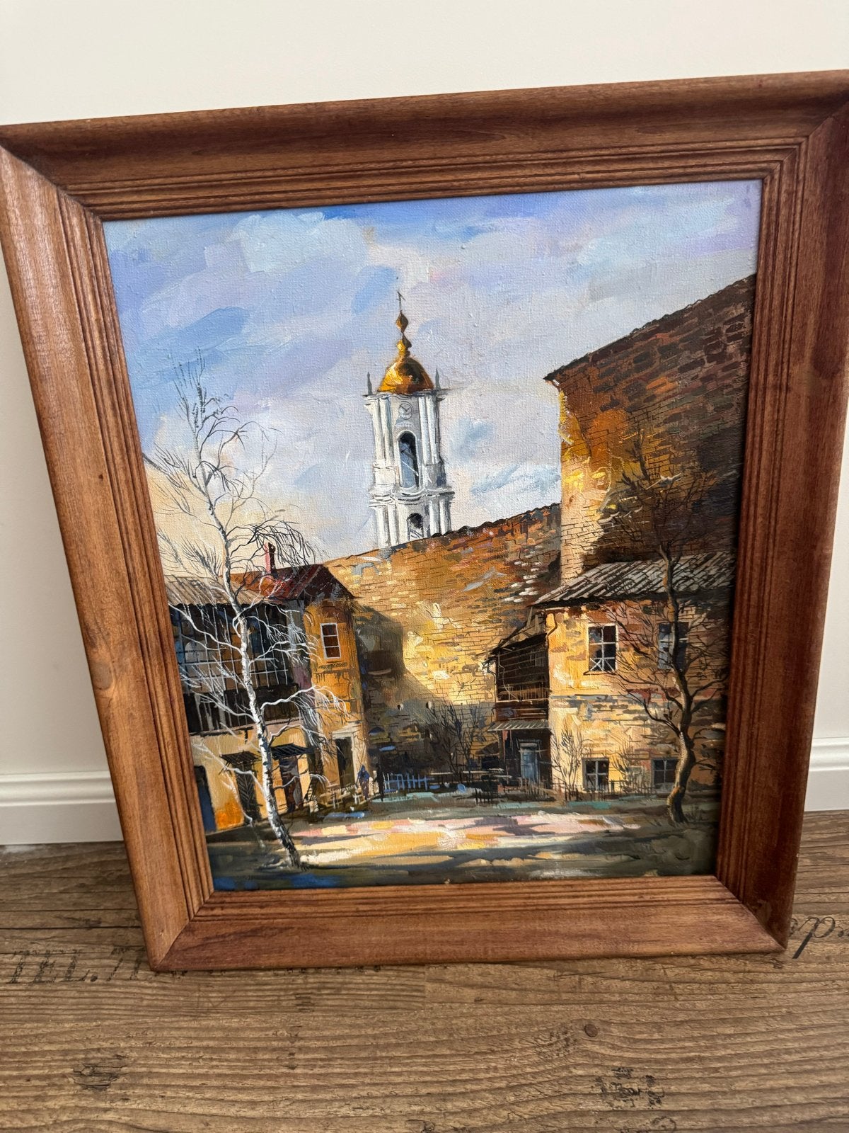 Olieverfschilderij: Stadsgezicht met toren, Ophalen, Doek, Realistisch, Olieverf
