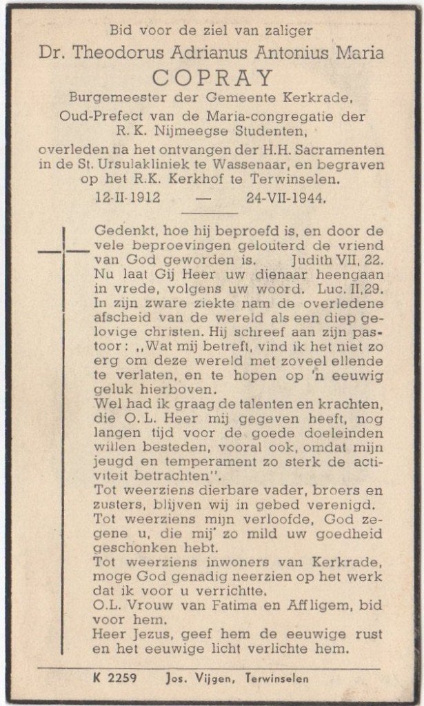 Theodorus Copray 1912 Berkel Rodenrijs - 1944 Wassenaar, Verzamelen, Bidprentjes en Rouwkaarten, Verzenden