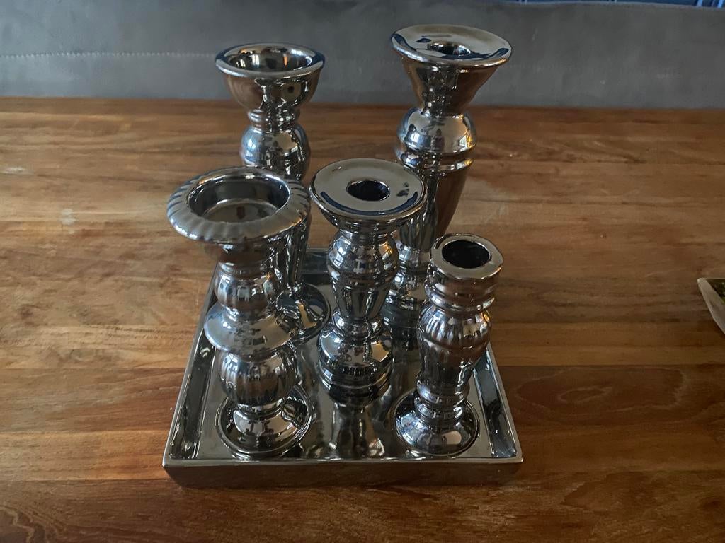 Aluminium kandelaar met 5 kaarsenhouders, Overige materialen, Gebruikt, Ophalen of Verzenden, Kandelaar
