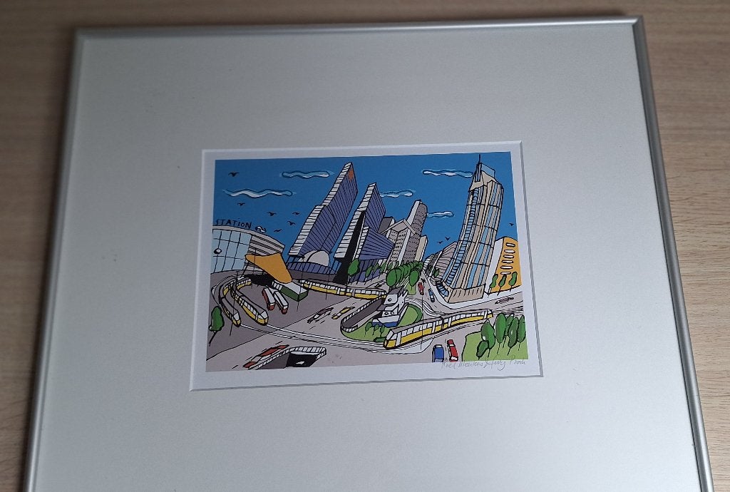 Moderne Stadsgezicht Rotterdam - Ingelijst, Antiek en Kunst, Abstract, Overige technieken, Achter glas, Ophalen of Verzenden