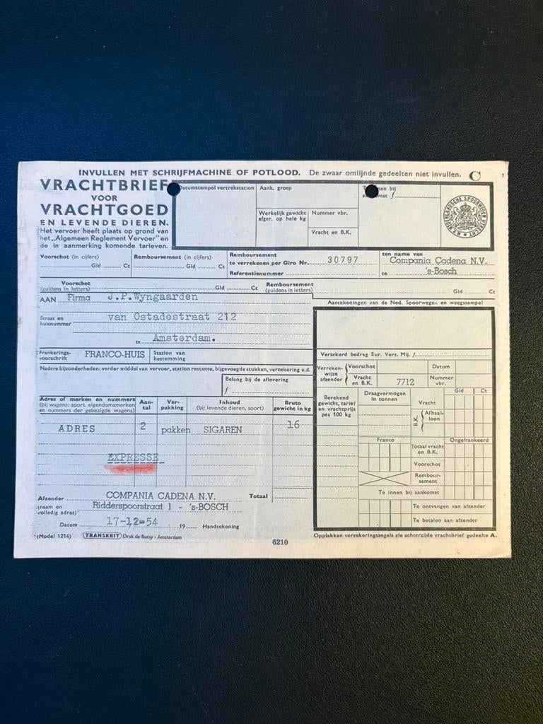 Vrachtbrief HT - ASD Twee pakken sigaren (1954), Verzamelen, Ophalen of Verzenden, Gebruikt, Trein