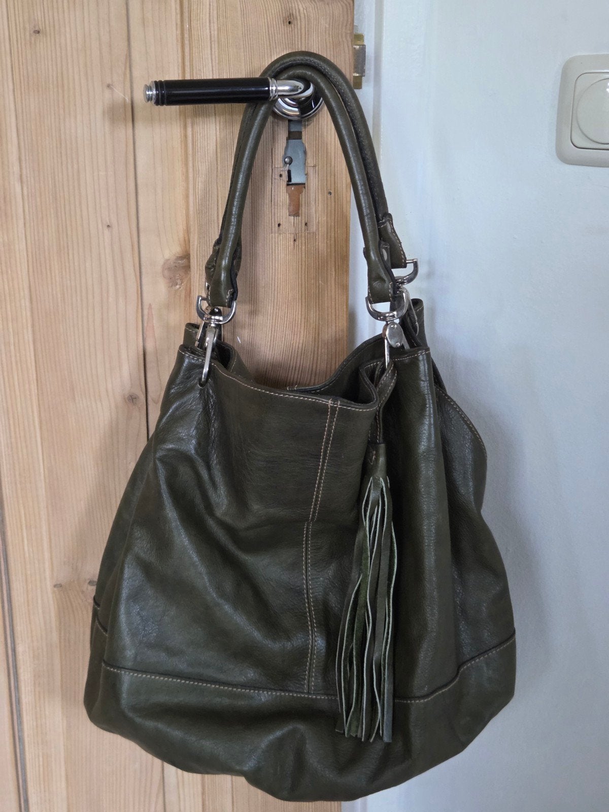 Leren schoudertas - Vera Pelle - Made in Italy, Ophalen of Verzenden, Zo goed als nieuw, Groen, Schoudertasje