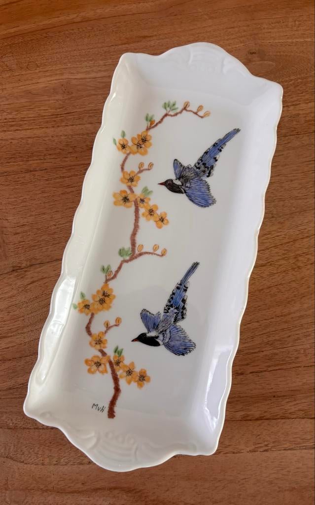 Handgeschilderde schaal met vogels en bloesem, Ophalen of Verzenden