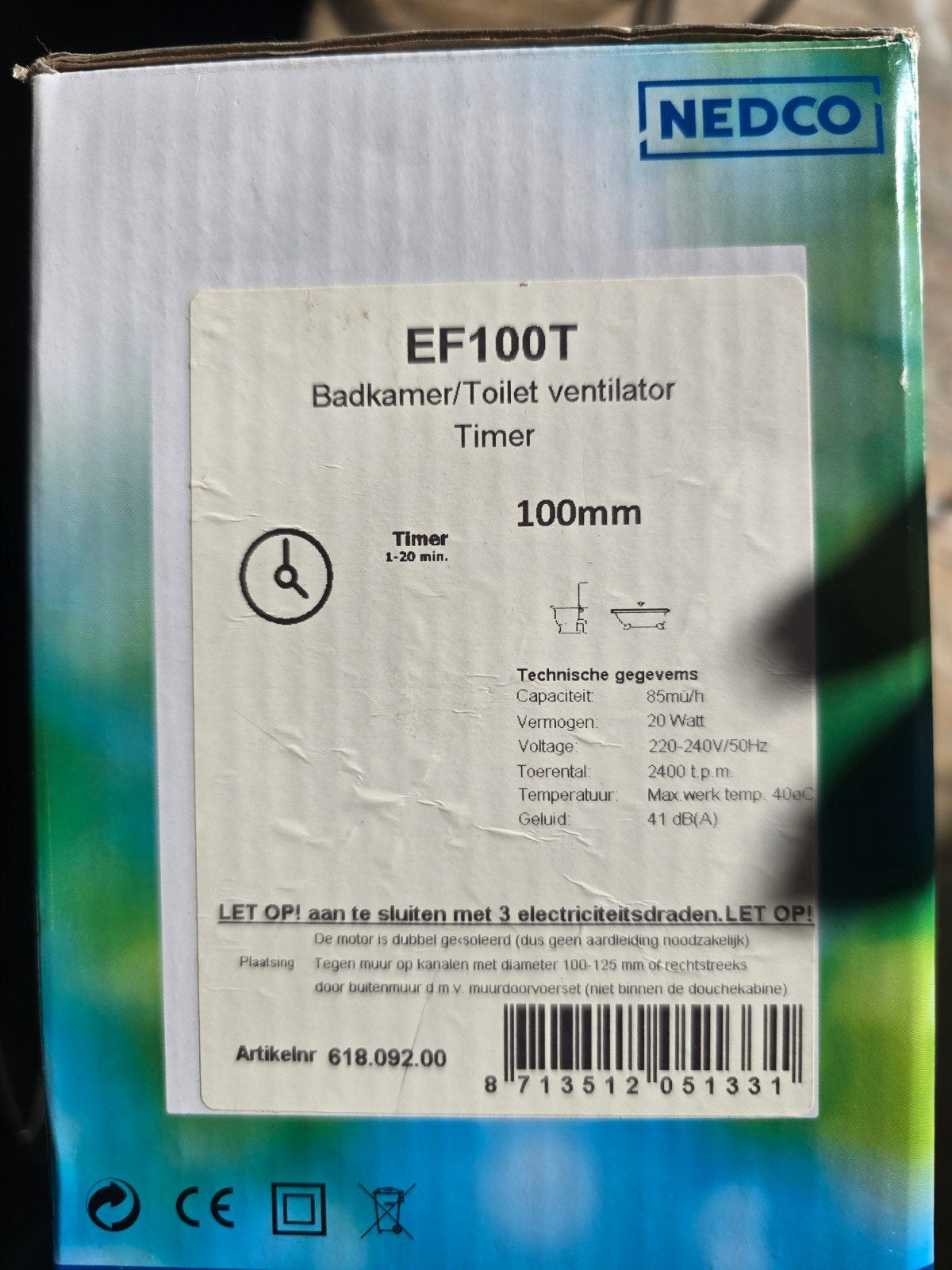 NEDCO EF100T Badkamer/Toilet Ventilator met Timer 100mm, Doe-het-zelf en Verbouw, Ophalen of Verzenden, Nieuw, Ventilator en Afzuiger