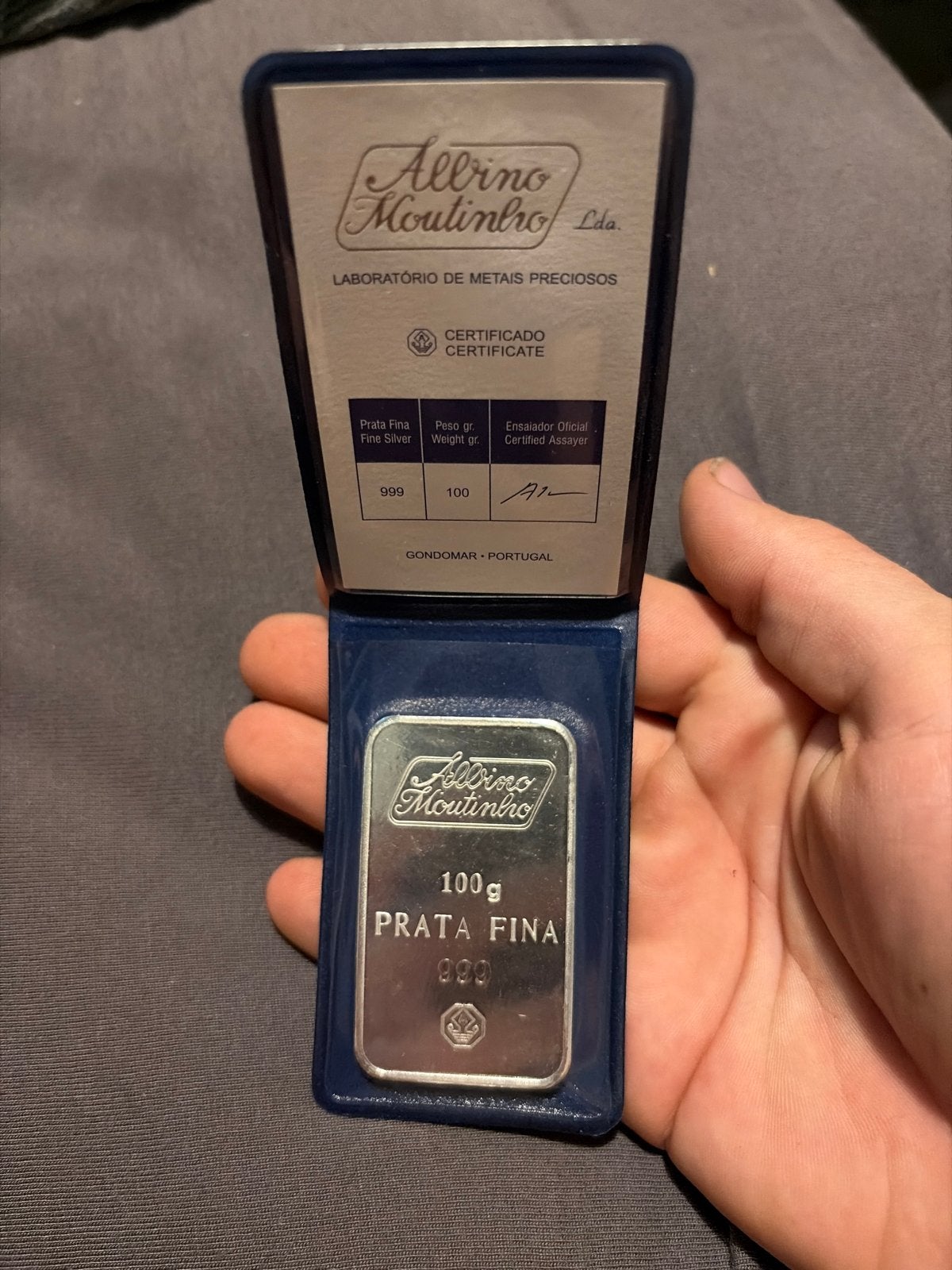 100g Albino Moutinho Zilverbaar 999 Fijn Zilver, Postzegels en Munten, Ophalen of Verzenden, Zilver