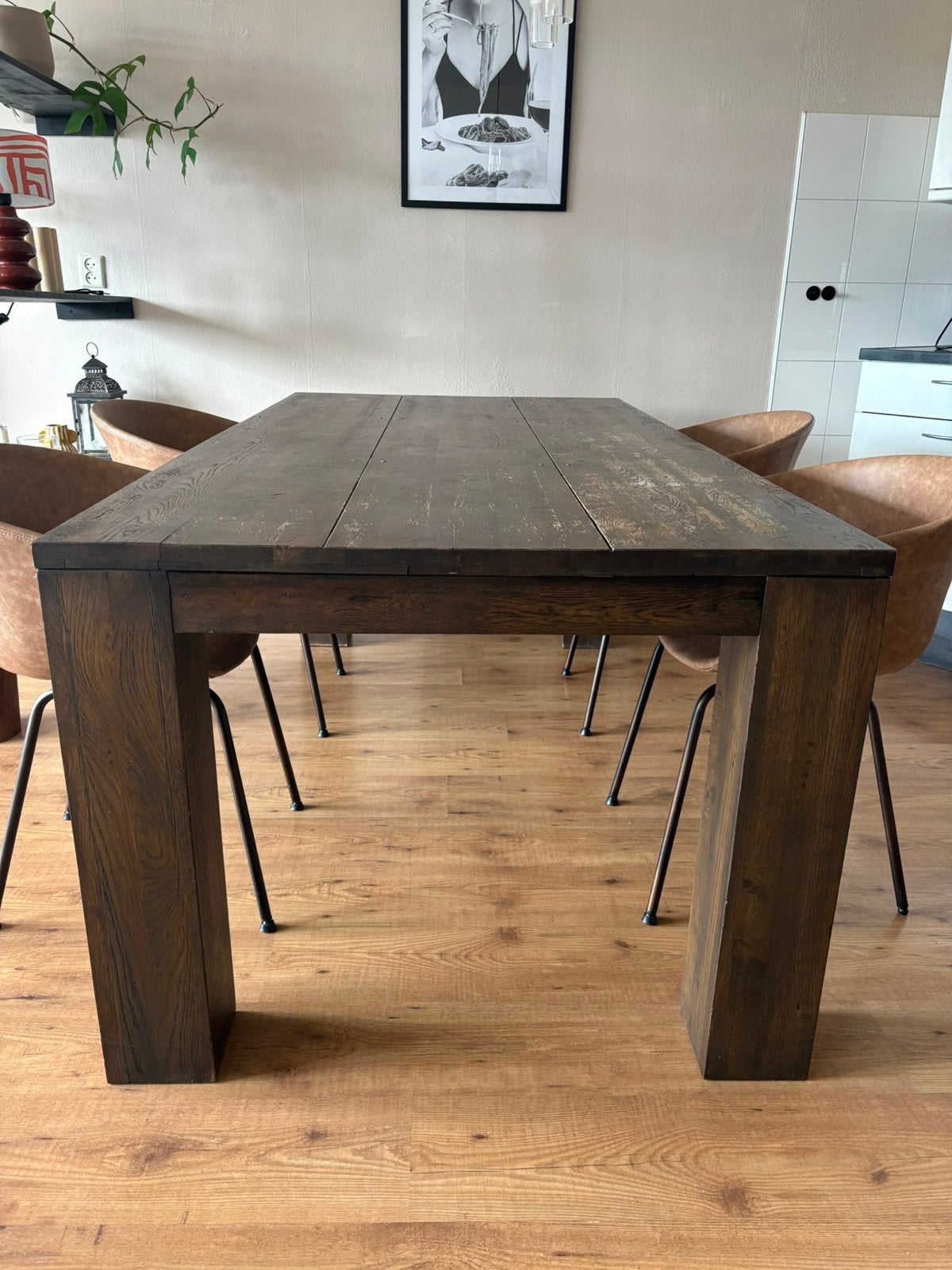 Robuuste eettafel van massief hout, Huis en Inrichting, Tafels | Eettafels, Ophalen, Gebruikt, Eikenhout, 50 tot 100 cm