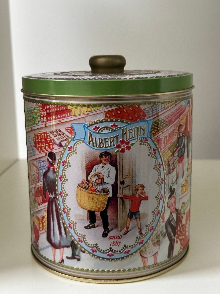 Vintage Albert Heijn blik uit de jaren '60 - 14x16cm, Ophalen of Verzenden, Zo goed als nieuw, Koek(jes), Overige merken