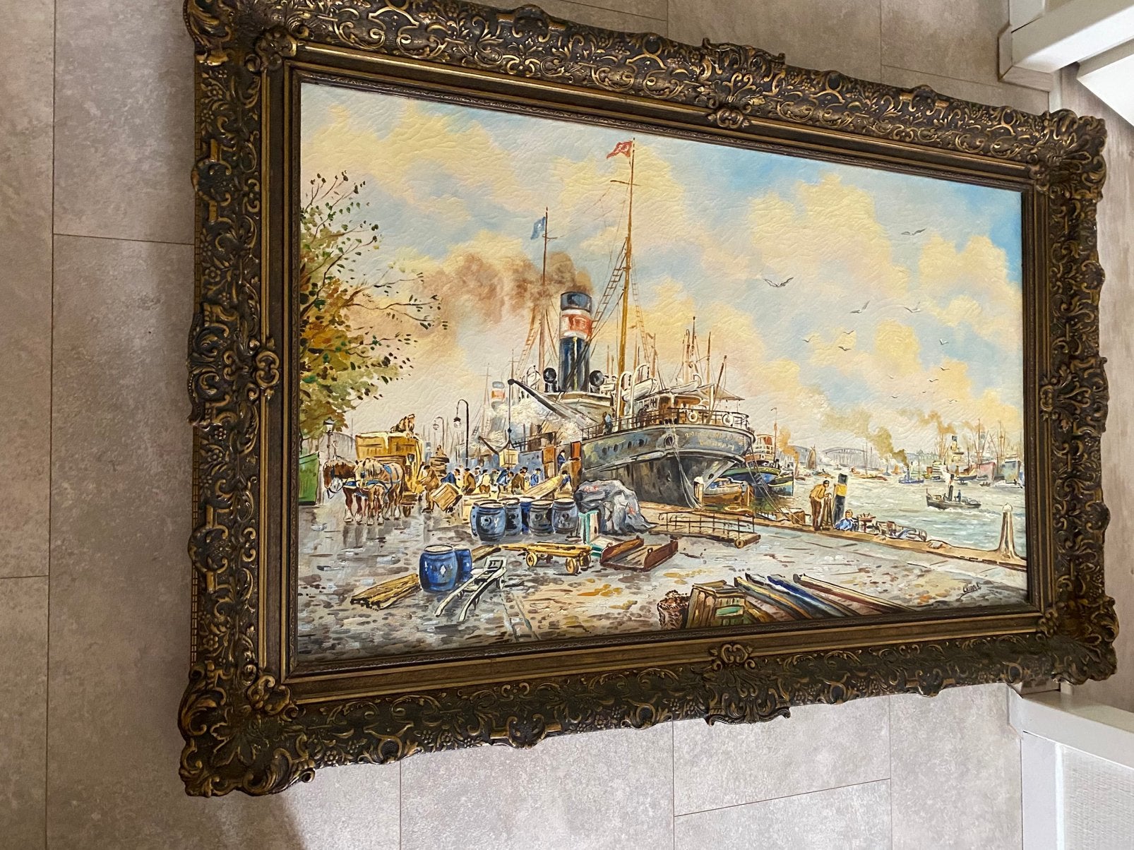 Bedrijvigheid in de Rotterdamse haven, Antiek en Kunst, Kunst | Schilderijen | Klassiek, Ophalen of Verzenden