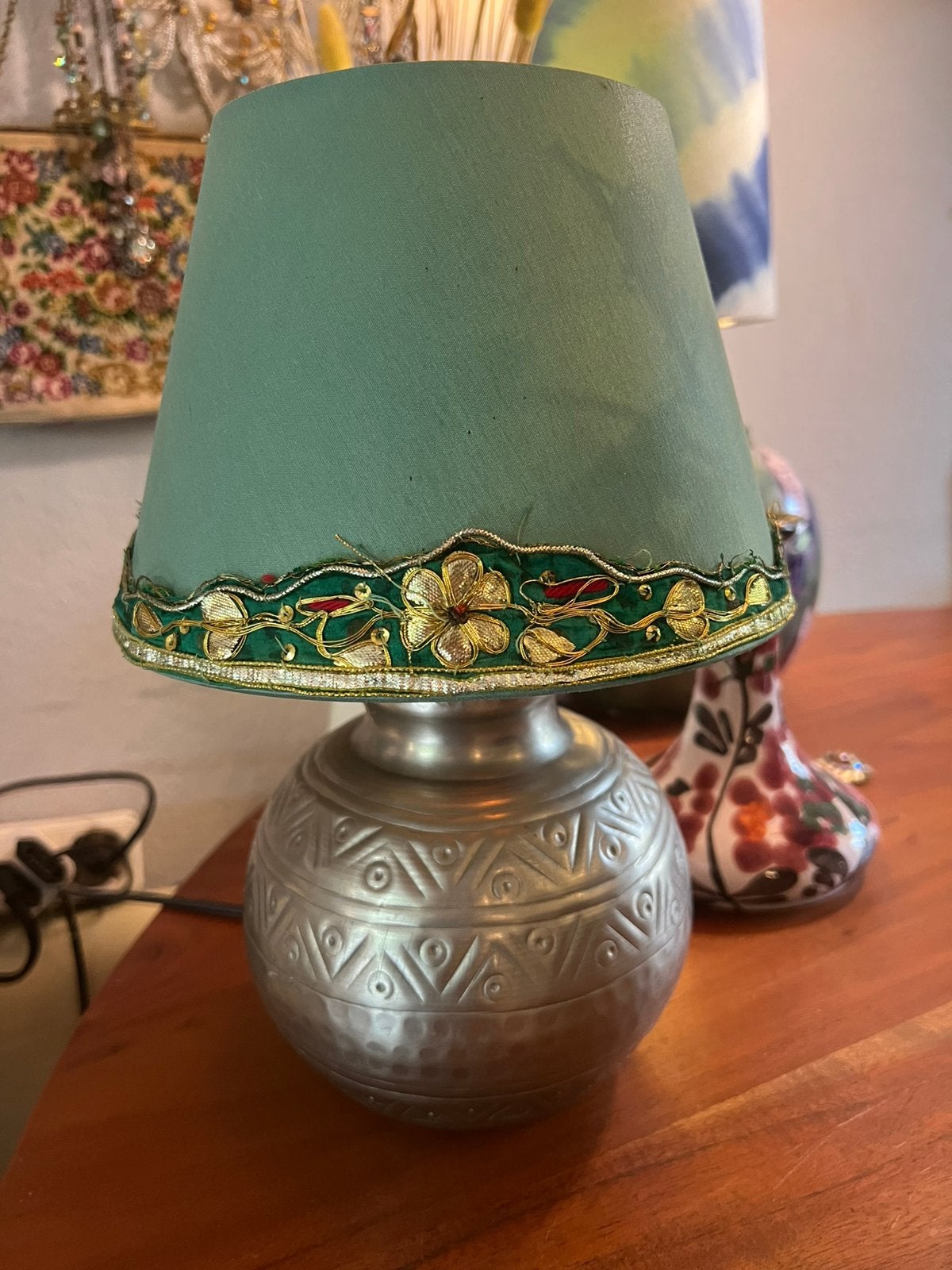 Vintage india Marokkaanse tafellamp lampenkap boho lampje, Blauw, Met schakelaar, Vintage, Ophalen of Verzenden