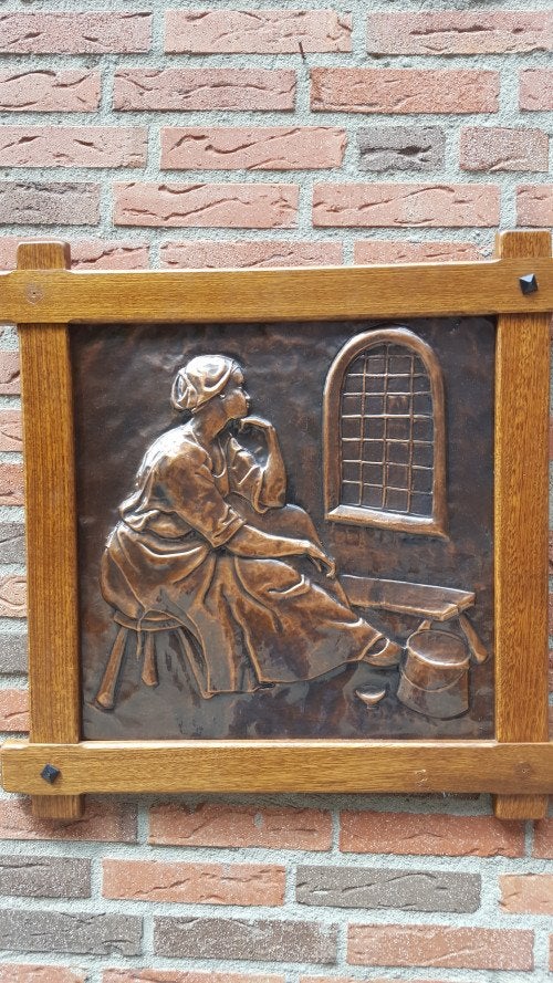 Schilderij rood koper relief paneel in houten lijst, Ophalen of Verzenden