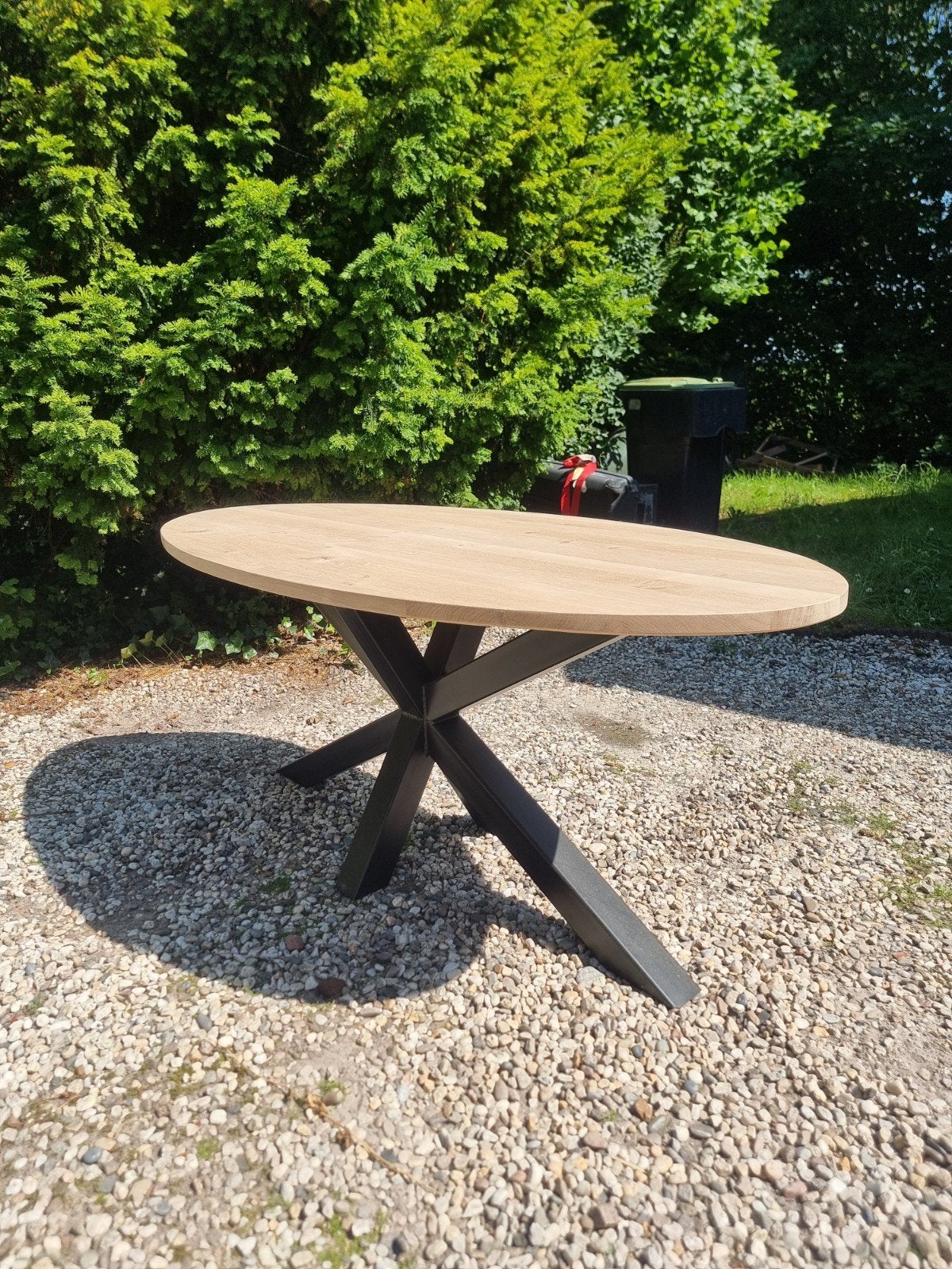 Massief eikenhout ovale eettafel, Huis en Inrichting, Ophalen, 100 tot 150 cm, Eikenhout, 200 cm of meer