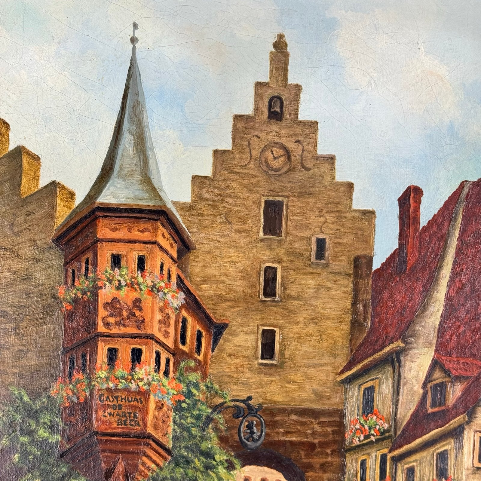 Olieverf Schilderij: Duitse Straat met Gasthuis, Ophalen of Verzenden