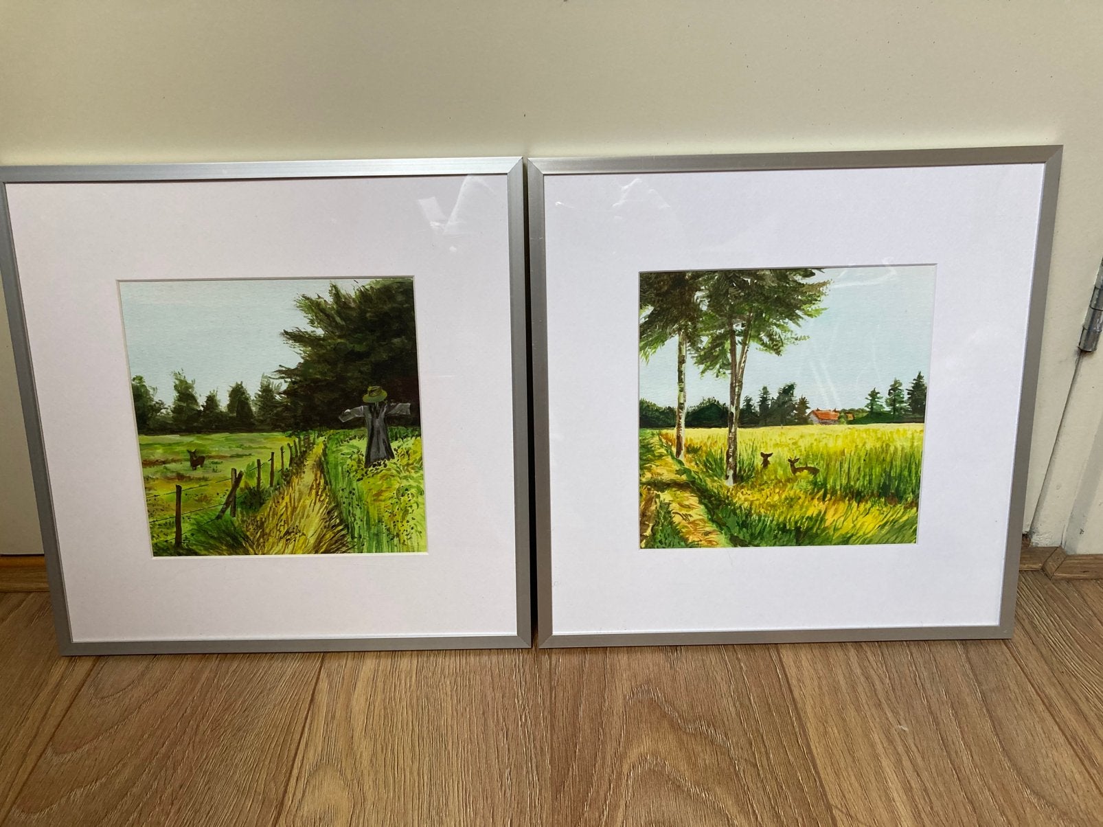 Set van 2 aquarel/acryl schilderijtjes, Realistisch, Ophalen of Verzenden, Papier, Ingelijst
