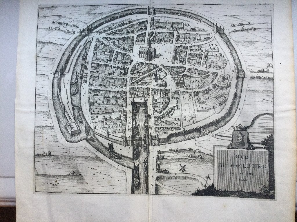 Middelburg 1400, Stadsplattegrond, 1696, Antiek en Kunst, Origineel, 34 cm, Cartografie, 27 cm