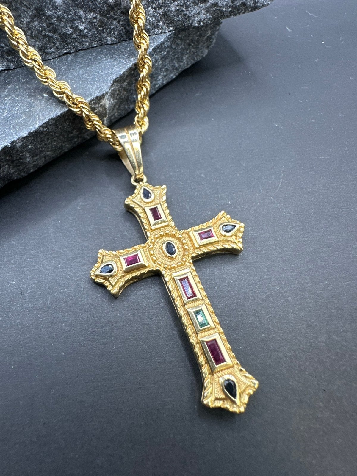 18k Gouden Rope Chain met Kruis en Edelstenen, Ophalen of Verzenden, Zo goed als nieuw, Goud, Met edelsteen