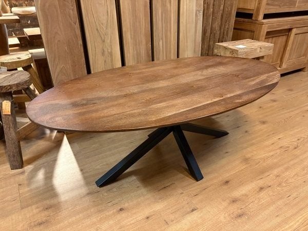 KOOPJE: de laatste Ovale Salontafel Mangohout + metalen poot, 100 tot 150 cm, Nieuw, 50 tot 100 cm, Ovaal