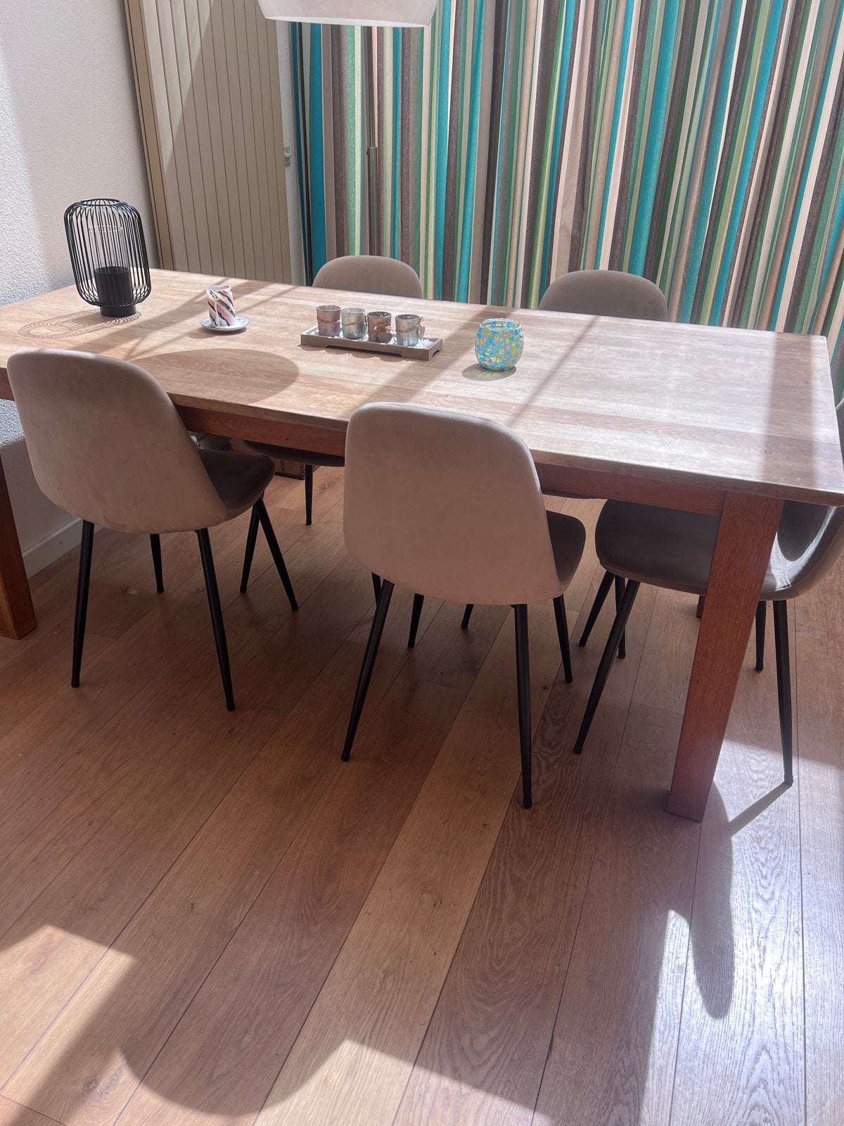 Grenen eettafel van 200x95 cm met stoelen, Ophalen, Gebruikt, Eikenhout, 200 cm of meer