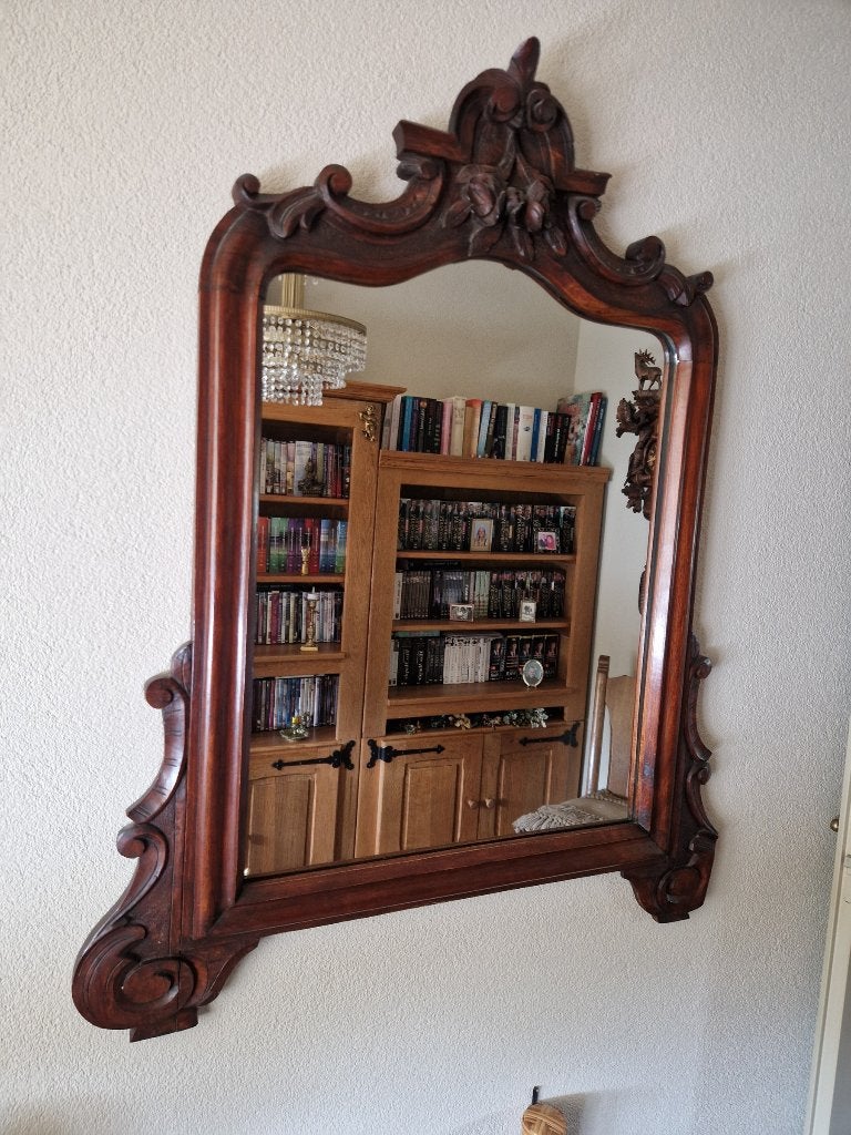 Uniek facet geslepen spiegel, brocante bewerkte eiken lijst., Antiek en Kunst, Antiek | Spiegels, Ophalen of Verzenden, Overige vormen